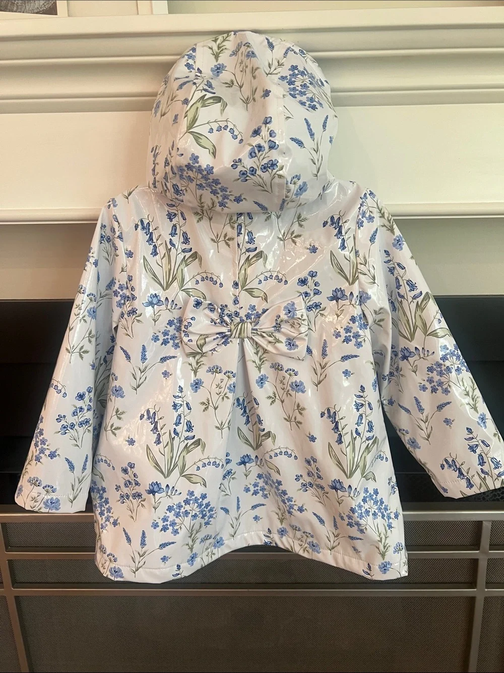 Little Me White Floral Hooded Raincoat with Blue Blossoms